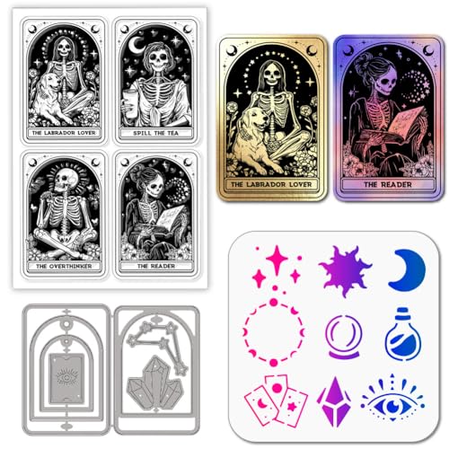 GLOBLELAND Totenkopf Tarotkarte Stamps Stanzschablone für die Kartenherstellung Kristallrahmen Silikonstempel Stanzschablone Mond Sonn PET Malschablonen Für DIY Scrapbooking Bastelalben Zubehör von GLOBLELAND