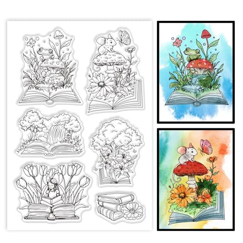 GLOBLELAND Buch Landschaft Transparente Silikonstempel Märchen Pilz Klare Stamps Dame Wasserfall Silikonstempel Für Kartengestaltung DIY Prägung Journaling von GLOBLELAND