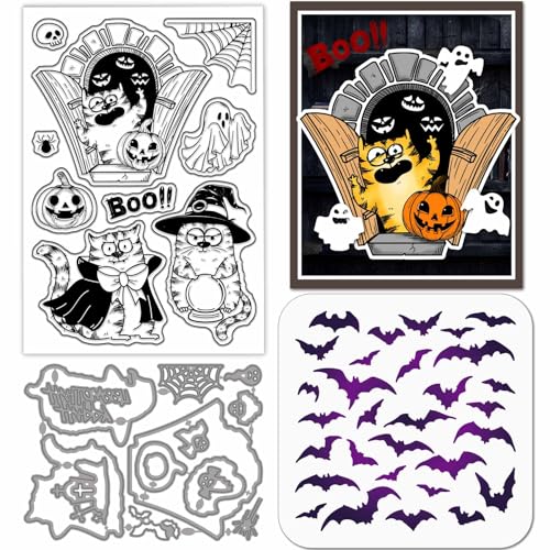 GLOBLELAND Transparente Halloween-Cartoon-Katzen-Stanzformen, PET-Malschablonen für Kartenherstellung, Comic, Vampir-Katze, Silikonstempel, Metall, Geist, Kürbisse, Stanzformen, PET-Farbe-Schablonen GLOBLELAND Transparente Halloween-Cartoon-Katzen-Stanzformen, PET-Malschablonen für Kartenherstellung, Comic, Vampir-Katze, Silikonstempel, Metall, Geist, Kürbisse, Stanzformen, PET-Farbe-Schablonen von GLOBLELAND