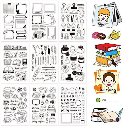 GLOBLELAND Transparente Silikon-Stempel für Kartengestaltung, Dekoration und Scrapbooking, 9 Blatt (Kalenderplaner, Clip, Buch, Stift, Tinte, Alltag, süße Teezeit) von GLOBLELAND