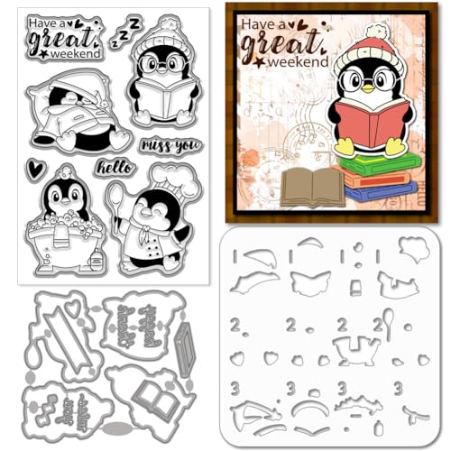 GLOBLELAND Transparente Stanzschablonen mit Cartoon-Pinguin-Motiv, PET-Malschablonen für Kartenherstellung, Cartoon-Tiere, Silikonstempel, Metallgrüße, Stanzformen, PET-Farbschablonen für DIY von GLOBLELAND