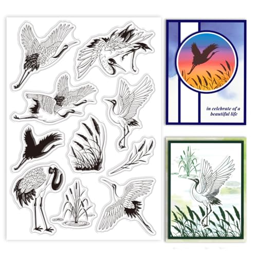 GLOBLELAND Transparente Stempel „Kranich Und Schilf“ Für Kartenherstellung Vogel Silikonstempel Siegel Klare Stamps Für DIY, Scrapbooking, Fotoalbum, Tagebuch von GLOBLELAND