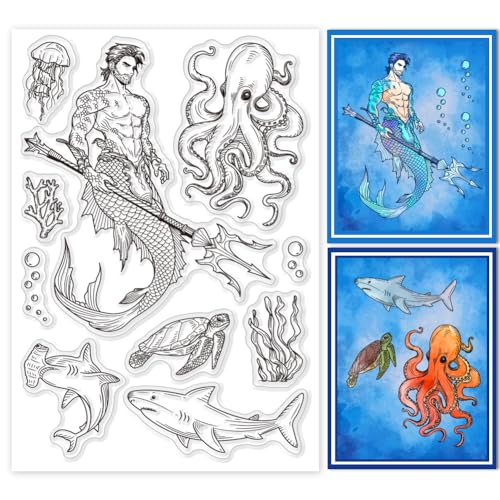 GLOBLELAND Transparente Stempel „Meerjungfrau Und Hai“ Für Die Kartenherstellung Seaworld Turtle Octopus Transparente Stempel Siegel Silikonstempel Für DIY Scrapbooking Fotoalbum von GLOBLELAND