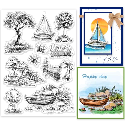 GLOBLELAND Transparente Stempel Mit Baum Boot Teich Zum Basteln von Karten, Natürliche Szene, Klare Stempelsiegel, 5.83x8.27,(5) cm, Transparente Stempel Für DIY, Scrapbooking, Fotoalbum, Tagebuch von GLOBLELAND