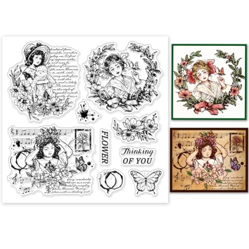 GLOBLELAND Transparente Stempel Mit Blumen Und Schmetterlingsfrauenmotiv Für DIY Scrapbooking, Kranz, Flecken, Text, Silikonstempel, Siegel, Transparente Stempel Für Karten, Fotoalbum, 5.91×5.91Zoll von GLOBLELAND