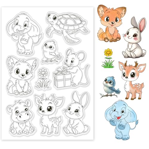 GLOBLELAND Transparente Stempel Mit Cartoon Tieren Kaninchen Elefant Schildkröte Vogel Hirsch Silikon Stempel Siegel Blumen Geschenk Silikonstempel Für DIY Scrapbooking Karten Erstellen von GLOBLELAND