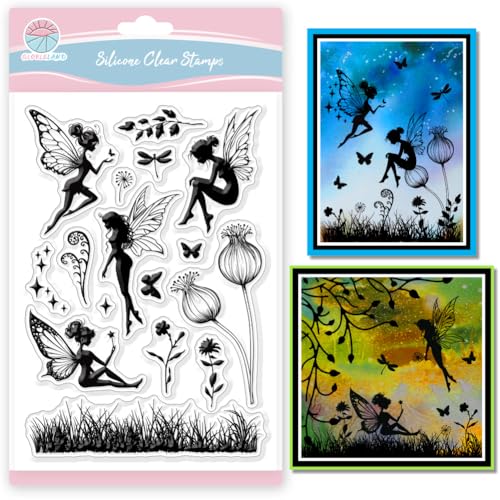 GLOBLELAND Transparente Stempel Mit Feen Motiv Wildblumen Und Gras Silhouette Silikon Transparentstempel Frühlingselfen Transparente Stempel Für Selbstgemachtes Scrapbooking 6.3x4.33Zoll von GLOBLELAND