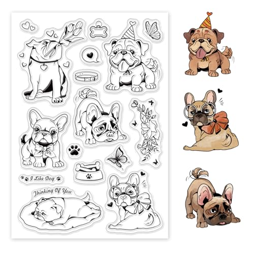 GLOBLELAND Transparente Stempel Mit Französischer Bulldogge, Hunde, Tiere, Welpen, Wörter, Transparente Gummi Siegelstempel, Hund Und Freund, Gummistempel Für DIY, Scrapbooking, 6.3×4.33inch von GLOBLELAND