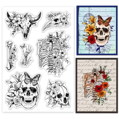 GLOBLELAND Transparente Stempel Mit Halloween Skelett Lilie Rose Schmetterling Silikon Stempel Siegel Blumen Transparente Stempel Für DIY Scrapbooking Karten Erstellen von Fotoalben Journalen von GLOBLELAND