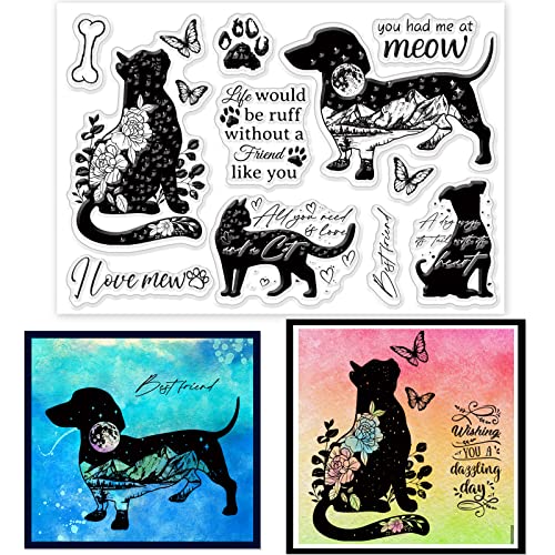 GLOBLELAND Transparente Stempel Mit Hunde- Und Katzen-Silhouette Für DIY Scrapbooking, Blumen, Landschaft, Silhouette, Silikon, Transparente Stempelsiegel Für Karten, Fotoalbum, Tagebuch von GLOBLELAND