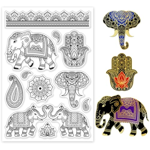 GLOBLELAND Transparente Stempel Mit Indischem Elefanten Für DIY Scrapbooking Paisley Hamsa Muster Silikon Stempelsiegel Transparenter Stempel Für Karten Fotoalbum Tagebuch 6.3x4.33 Zoll von GLOBLELAND