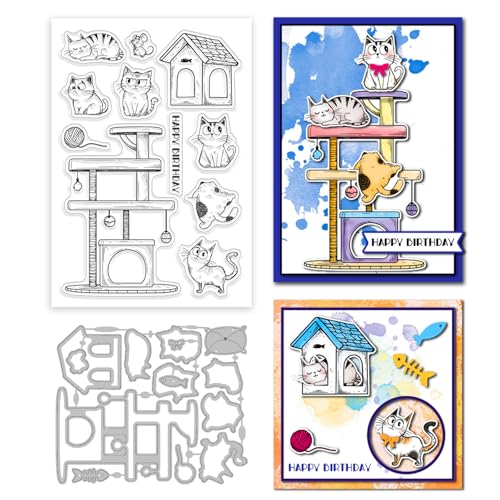 GLOBLELAND Katzen Tiere Silikonstempel Metall Stanzformen Malschablonen Für Die Kartenherstellung Katzenbaum Stempel Stanzformen Thema Mäuse Schablonen Set Für DIY Scrapbooking Kunsthandwerk von GLOBLELAND