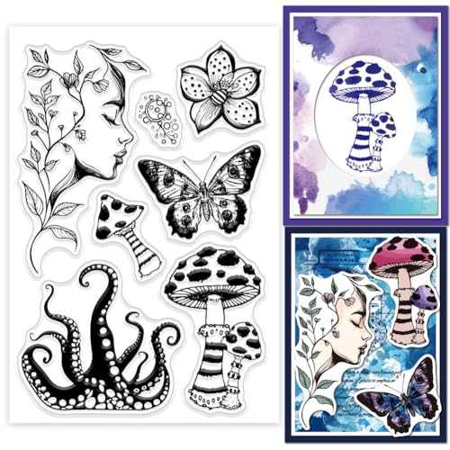 GLOBLELAND Transparente Silikonstempel: 16x11 cm mit Pilz Tentakel Schmetterling Blumen Menschen - Perfekt für Scrapbooking Postkarten & mehr von GLOBLELAND
