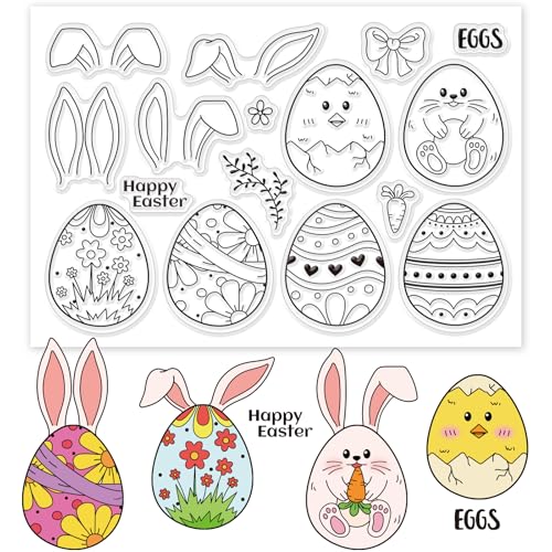 GLOBLELAND Transparente Stempel Mit Ostereiern Hasenohren Küken „Happy Eater“ „Eier“ Transparente Silikonstempel Siegel Karotte Blume Schleife Zweig Transparente Stempel Für Scrapbooking Fotoalbum von GLOBLELAND