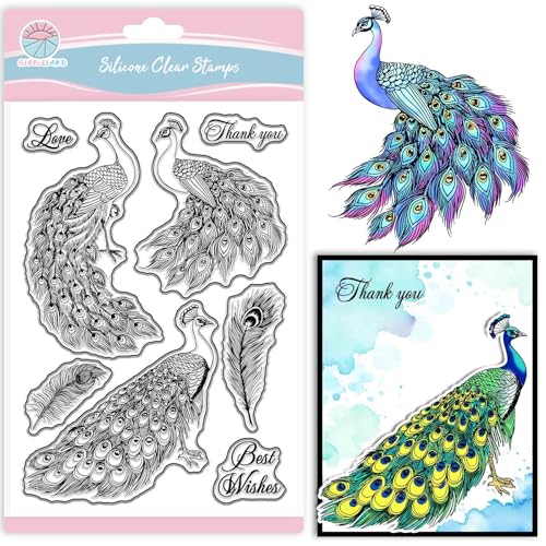 GLOBLELAND Transparente Stempel Mit Pfauenfedern Für Scrapbooking Grüße Silikonstempel Schwanzfedern Sentiment Transparenter Stempel Für Die Kartengestaltung DIY Prägen Journaling von GLOBLELAND