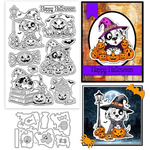 GLOBLELAND Transparente Stempel Und Metallstanzungen Mit Halloween Cartoon Hund Gefleckter Hund Transparenter Stempel Süßigkeitenbuch Kürbis Stanzformen Für Die Kartengestaltung Prägung Scrapbooking von GLOBLELAND