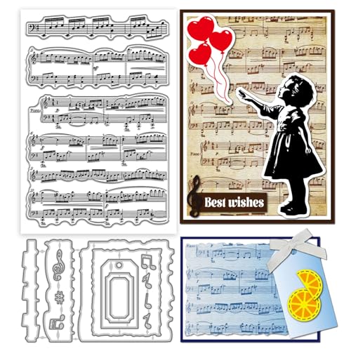 GLOBLELAND Transparente Stempel Und Metallstanzungen Mit Notenblatt Hintergrund Im Vintage Stil Musiknoten Transparenter Stempel Etikettenrahmen Stanzformen Für Kartengestaltung Prägung Scrapbooking von GLOBLELAND