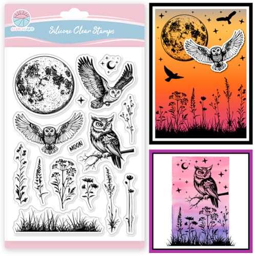 GLOBLELAND Transparente Stempel mit Wildblumen, Eule und Mond, Silikon, Gras-Silhouette, transparente Stempel für DIY, Scrapbooking und Kartenherstellung, Fotoalbum, Tagebuch, 16 x 11 cm GLOBLELAND Transparente Stempel mit Wildblumen, Eule und Mond, Silikon, Gras-Silhouette, transparente Stempel für DIY, Scrapbooking und Kartenherstellung, Fotoalbum, Tagebuch, 16 x 11 cm von GLOBLELAND