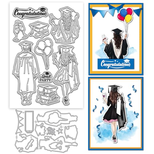GLOBLELAND Transparente Stempel und Metall-Stanzformen für den Schulabschluss, Dame und Mann, mit Figuren-Rückseite, Silhouette, transparenter Stempel, Abschlussfeier, Saison, Stanzformen für von GLOBLELAND