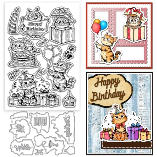 GLOBLELAND Transparente Stempel und Metall-Stanzformen mit lustiger Katze, Happy Birthday Kuchen, transparenter Stempel, niedliches Tier-Kätzchen, Stanzformen für Kartenherstellung, Prägung von GLOBLELAND