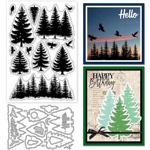 GLOBLELAND Transparente Stempel und Metallstanzformen mit Kiefernbaum-Silhouette, Wald-Hintergrund, transparenter Stempel, Vogel, Silhouette, Stanzformen für Kartenherstellung, Prägung, Scrapbooking GLOBLELAND Transparente Stempel und Metallstanzformen mit Kiefernbaum-Silhouette, Wald-Hintergrund, transparenter Stempel, Vogel, Silhouette, Stanzformen für Kartenherstellung, Prägung, Scrapbooking von GLOBLELAND