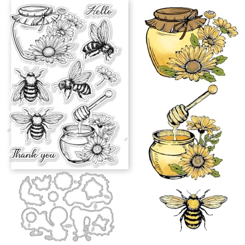 GLOBLELAND Transparente Stempel und Stanzformen mit Bienen-Blumen, Bienen-Honiggläser, Gänseblümchen, Silikon, transparente Stempel, Karten und Metall-Stanzformen für Kartenherstellung und DIY, von GLOBLELAND
