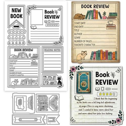 GLOBLELAND Transparenten Stempeln Und Stanzformen Set Für Buchrezensionen Etiketten Zum Erstellen von Karten Lesetagebuch Silikonstempel Metallnotizen Katzen Stanzformen Für DIY Scrapbooking von GLOBLELAND