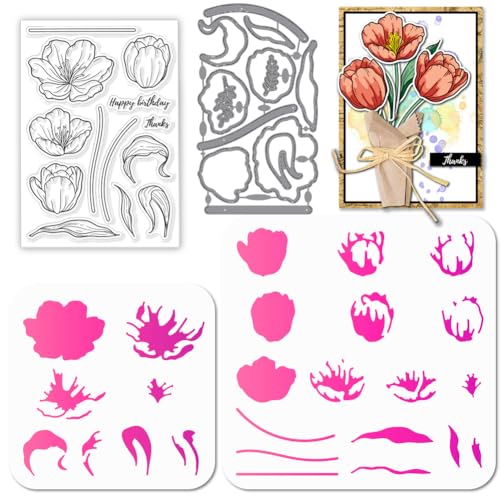 GLOBLELAND Tulpen Stamps Stanzschablone für die Kartenherstellung Blumen Blättern Silikonstempel Stanzschablone Geschichtet PET Malschablonen Für DIY Scrapbooking Bastelalben Zubehör von GLOBLELAND