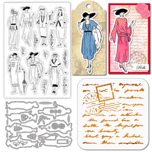 GLOBLELAND Vintage Frau Stamps Stanzschablone für die Kartenherstellung Retro Dame Silikonstempel Stanzschablone Text Hintergrund PET Malschablonen Für DIY Scrapbooking Bastelalben Zubehör von GLOBLELAND