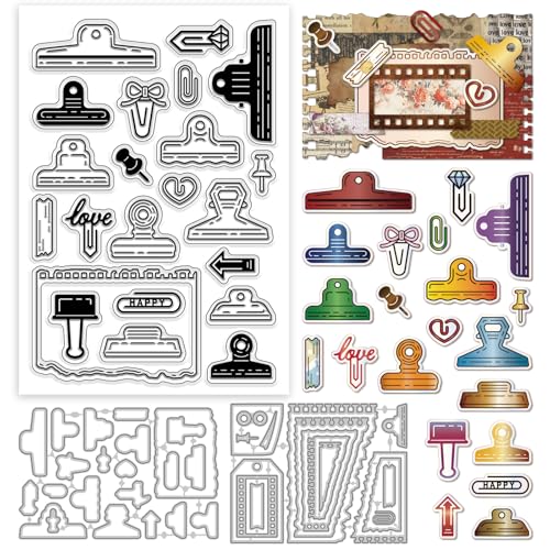 GLOBLELAND Vintage Haftnotiz Büroklammer Stempel Und Stanzformen Set Zum Kartenbasteln Klebriger Silikon Stempel Mit Abgerissener Kante Metall Retro Etikettenrahmen Stanzungen Für DIY Scrapbooking von GLOBLELAND