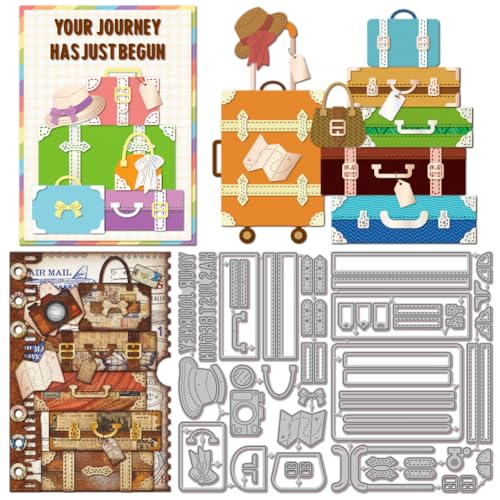 GLOBLELAND Vintage-Kofferstapel-Stanzformen für DIY-Scrapbooking Retro-Hut mit Schleife Metall-Stanzungen Kamera Reise-Stanzschablonen für Kartenherstellung Prägung Album Basteln Dekor von GLOBLELAND