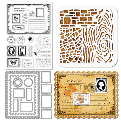 GLOBLELAND Vintage Postkarten Stamps Stanzschablone für die Kartenherstellung Silikonstempel Stanzschablone Texturierte Hintergründe PET Malschablonen Für DIY Scrapbooking von GLOBLELAND