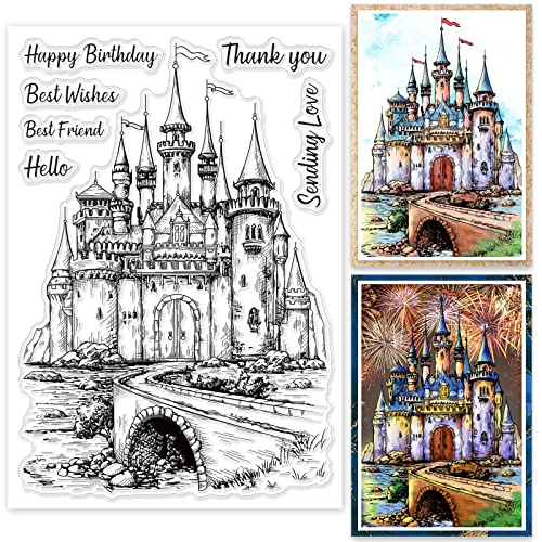 GLOBLELAND Vintage Schlosshintergrund Klare Briefmarken Retro Schloss Segen Worte Silikon Klare Stempelsiegel für Karten, die DIY Scrapbooking Fotojournal Album Dekoration machen von GLOBLELAND