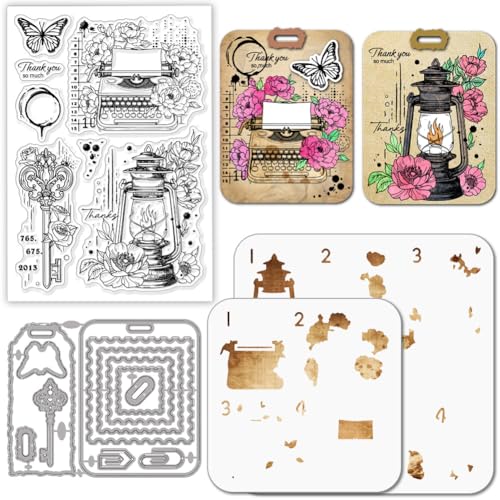 GLOBLELAND Vintage Schlüssel Stamps Stanzschablone für die Kartenherstellung Schreibmaschine Silikonstempel Stanzschablone Retro Lampe Geschichtet PET Malschablonen Für DIY Scrapbooking von GLOBLELAND