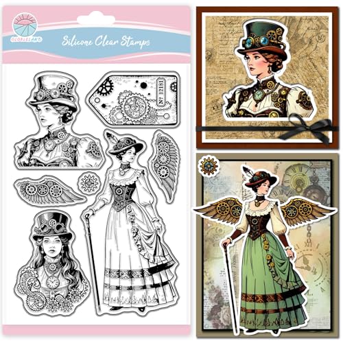 GLOBLELAND Vintage Steampunk Label Clear Stamps for Card Making Retro Woman Silicone Clear Stamps Mechanical Wings Transparent Stamp Seal for DIY Scrapbooking Embossing Photo Album Decor GLOBLELAND Vintage Steampunk Label Clear Stamps for Card Making Retro Woman Silicone Clear Stamps Mechanical Wings Transparent Stamp Seal for DIY Scrapbooking Embossing Photo Album Decor von GLOBLELAND