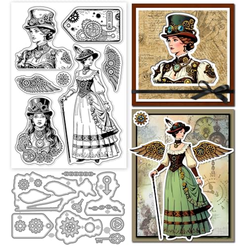 GLOBLELAND Vintage Steampunk Woman Clear Stamps and Metal Stanzformen Wing Gear Transparent Stamp Rrtro Label Cutting Dies for Card Making Embossing Scrapbooking von GLOBLELAND