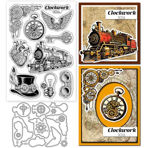 GLOBLELAND Vintage Steampunk transparente Stempel und Metall-Stanzformen, Zugherz, transparenter Stempel, Gentleman's Hut, Stanzformen für Kartenherstellung, Prägung, Scrapbooking GLOBLELAND Vintage Steampunk transparente Stempel und Metall-Stanzformen, Zugherz, transparenter Stempel, Gentleman's Hut, Stanzformen für Kartenherstellung, Prägung, Scrapbooking von GLOBLELAND