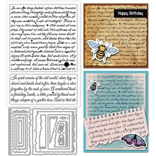 GLOBLELAND Vintage-Text-Hintergrund, klare Stempel und Metall-Stanzformen, handgeschriebener Text, transparenter Stempel, Tränenrahmen, Stanzformen für Kartenherstellung, Prägung, Scrapbooking von GLOBLELAND