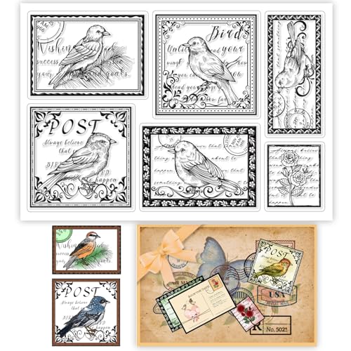 GLOBLELAND Vintage Vögel Briefmarken Hintergrund Klare Briefmarken für DIY Scrapbooking Dekor Retro Blumen Wörter Rahmen Transparente Silikonstempel für die Herstellung von Karten Fotoalbum Dekor von GLOBLELAND