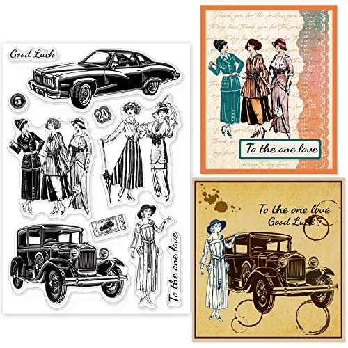 GLOBLELAND Vintage Woman Retro Auto Clear Stamps Silicone Clear Stamp Seals for DIY Scrapbooking Journals Decorative Cards Making Photo Album DIY Craft von GLOBLELAND