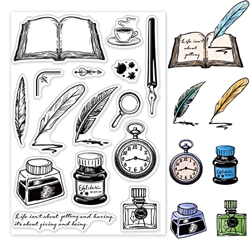 GLOBLELAND Vintage World Book Day Clear Stamps Quill Pen Ink Bottle Silicone Clear Stamp Seals for Cards Making DIY Scrapbooking Photo Journal Album Decoration von GLOBLELAND