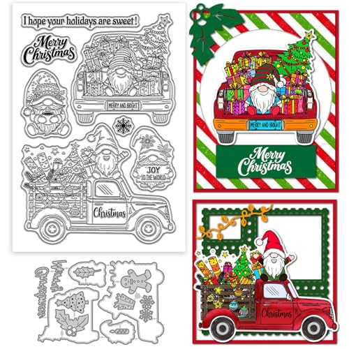 GLOBLELAND Weihnachts Truck Zwerge Transparentes Stempel Und Stanzformen Set Für Die Kartengestaltung Weihnachtsbaum Transparente Silikonstempel Geschenkbox Metall Stanzungen Für DIY Scrapbooking von GLOBLELAND