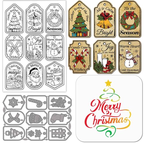 GLOBLELAND Weihnachtsanhänger Transparente Stempel Stanzformen Malschablonen Für Die Kartengestaltung Weihnachtsbaum Metallstanzungen Winter Schneemann Silikonstempel PET Bastelvorlage Für DIY Prägung von GLOBLELAND