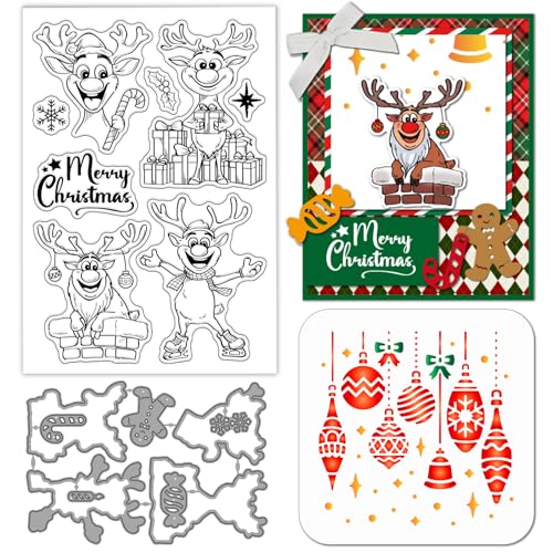 GLOBLELAND Weihnachtsstempel Mit Elch Und Hirsch Transparent Silikonstempel Metallkugeln Süßigkeiten Stanzformen „Frohe Weihnachten“ Segen Farbe Bastelschablonen Für Kartengestaltung Scrapbooking von GLOBLELAND