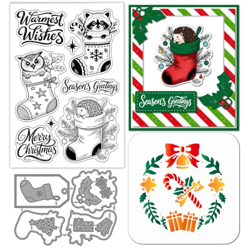 GLOBLELAND Weihnachtsstrumpf Tiere Transparenter Silikonstempel Metallkranz Stanzformen Eule Waschbär Igel Mal Und Bastelschablonen Für Kartengestaltung Scrapbooking Basteln DIY Prägung von GLOBLELAND