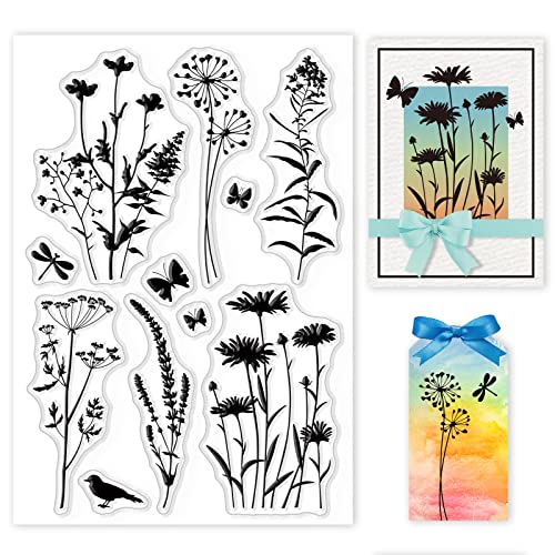 GLOBLELAND Wildflowers Silhouettes Clear Stamps for DIY Scrapbooking Decor Gänseblümchen Lavendel Blumen Blätter Pflanzen Transparente Silikonstempel zur Herstellung von Karten Fotoalbum Dekoration von GLOBLELAND
