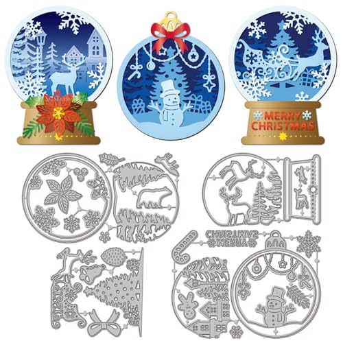 GLOBLELAND Winter Und Weihnachtskristallkugeln Mehrschichtige Stanzformen Für Die Kartengestaltung Weihnachtsbaum Metallstanzungen Schneeflocken Schnittschablonen Für Prägungen Papierschnitte von GLOBLELAND