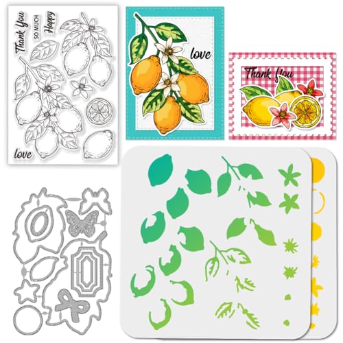 GLOBLELAND Zitronenfruchtmotiv Transparente Silikonstempel Blumen Metallrahmen Schmetterling Und Schleife Stanzformen Schichtung Zitronen PET Farbe Bastelschablonen Vorlage Für Kartengestaltung von GLOBLELAND