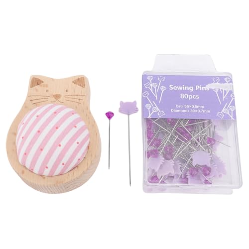 Nähnadelkissen-Set, 80 Stück, Bezauberndes Katzenmotiv, Präzise Fixierung, Gerade Quiltnadeln mit Aufbewahrungskoffer, Nadelkissen mit Holzsockel von GLOGLOW