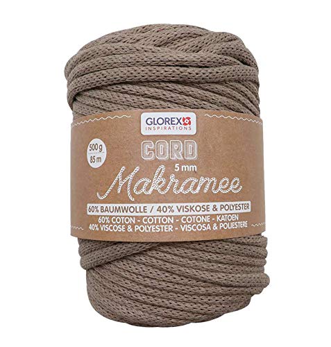 GLOREX 5 1006 13 - Makramee Cord 5 mm, superweiches Textilgarn aus 60 % Baumwolle / 40 % Viskose, zum Häkeln, Stricken, Knüpfen und textilen Gestalten, 500 g, ca. 85 m, gewebt hellbraun GLOREX 5 1006 13 - Makramee Cord 5 mm, superweiches Textilgarn aus 60 % Baumwolle / 40 % Viskose, zum Häkeln, Stricken, Knüpfen und textilen Gestalten, 500 g, ca. 85 m, gewebt hellbraun von GLOREX